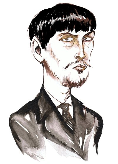 Claude Debussy, compositor francés, caricatura en tinta de Neale Osborne